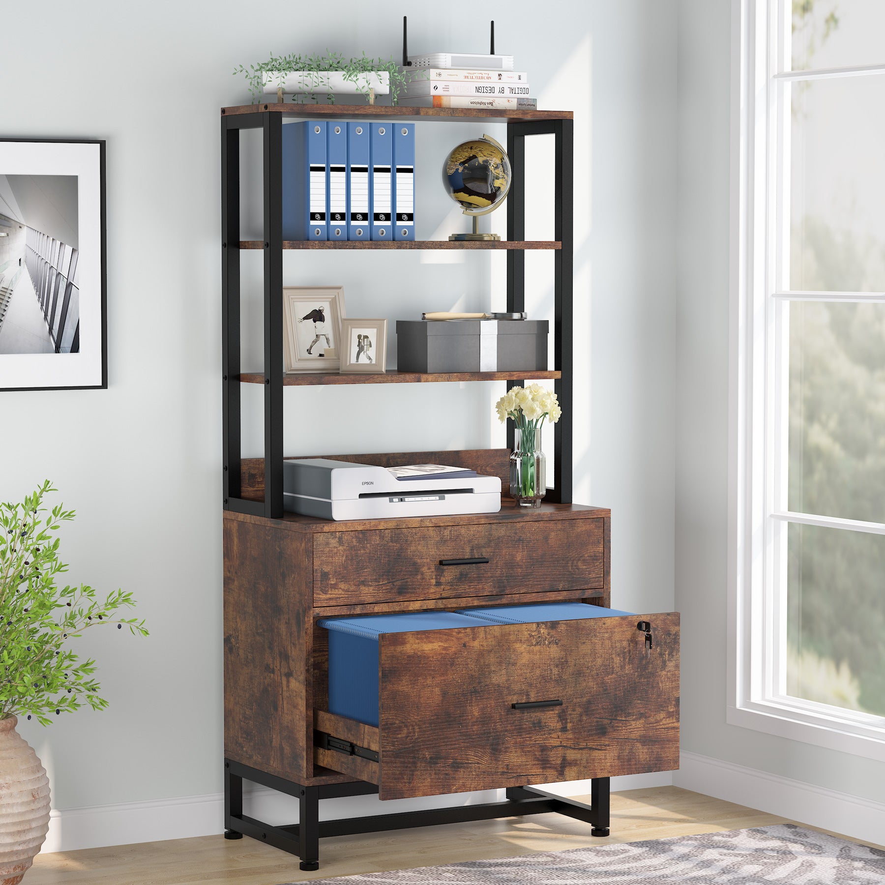 Vertical File Cabinet with 2 Drawers & Bookshelf
